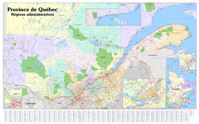 Québec Méridional carte murale plastifiée - CartoGeo - Southern Quebec Laminated Wall Map - CartoGeo