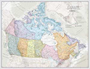 Canada style antique carte murale politique - This classic map of the country is very popular for its soft colors that create a simple, stunning and elegant display.