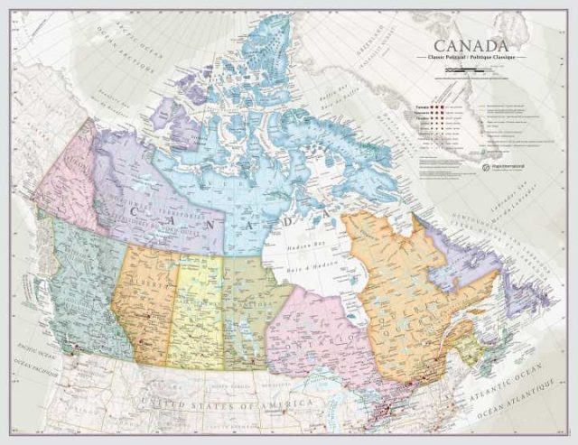 Canada style antique carte murale politique - This classic map of the country is very popular for its soft colors that create a simple, stunning and elegant display.